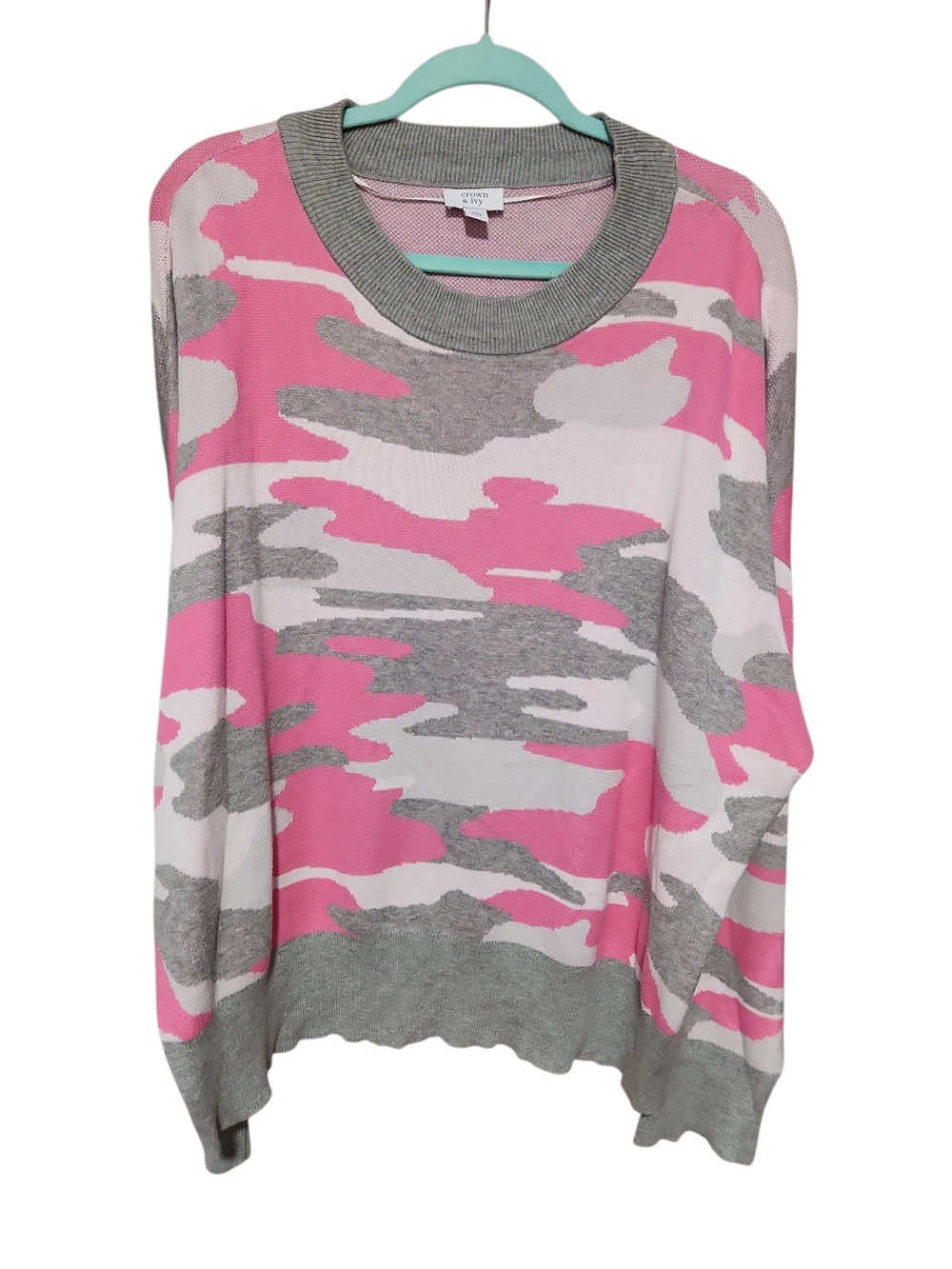 Crown & Ivy Pink Camo Crewneck Sweater with Gray Trim